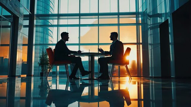 Business professionals engage in discussion at a modern office setting during sunset, business people are talking sitting at a table in the lobby of the business center