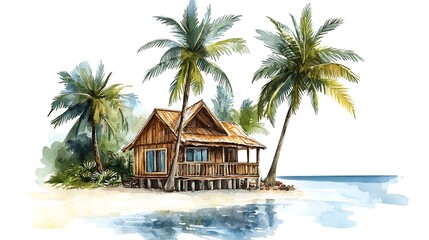 Fototapeta premium Watercolor beach house coastal palm escape tropical dream peaceful living seaside lifestyle island image