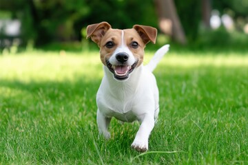 A small dog is running through a grassy field. The dog is brown and white and he is happy