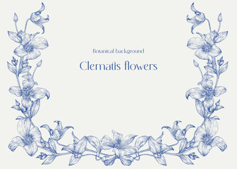 Toile art Vector vintage floral background, flowering frame in blue and beige. Delicate Clematis flowers and leaves engraved elements. Hand drawn illustration for design greeting card, wedding decor