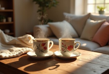 matching coffee cups rustic wooden table warm atmosphere intimate setting cozy vibes homey decor, drink, beverage, kitchen, ceramic, textured, vintage