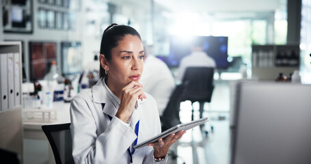 Fototapeta premium Computer, scientist and thinking with woman with tablet for healthcare, medical research or test result. Tech, laboratory or study with biologist in clinical trial for pharmaceutical development