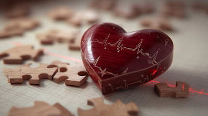 Red heart with EKG lines, surrounded by wooden puzzle pieces, symbolizing health, love, Valentine's Day, and the interconnectedness of life