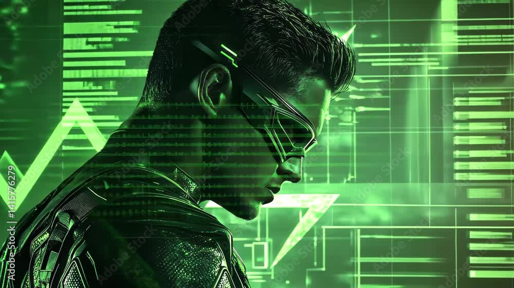 Poster dynamic green arrow motion effect with a futuristic character in a tech-inspired design, tech green 
