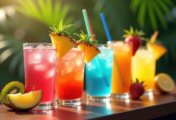 Fototapeta premium vibrant cocktail glasses arrayed colorful fresh garnishes tropical fruit garnish zesty citrus inspired drinks, beverage, liquid, refreshing, ice, orange