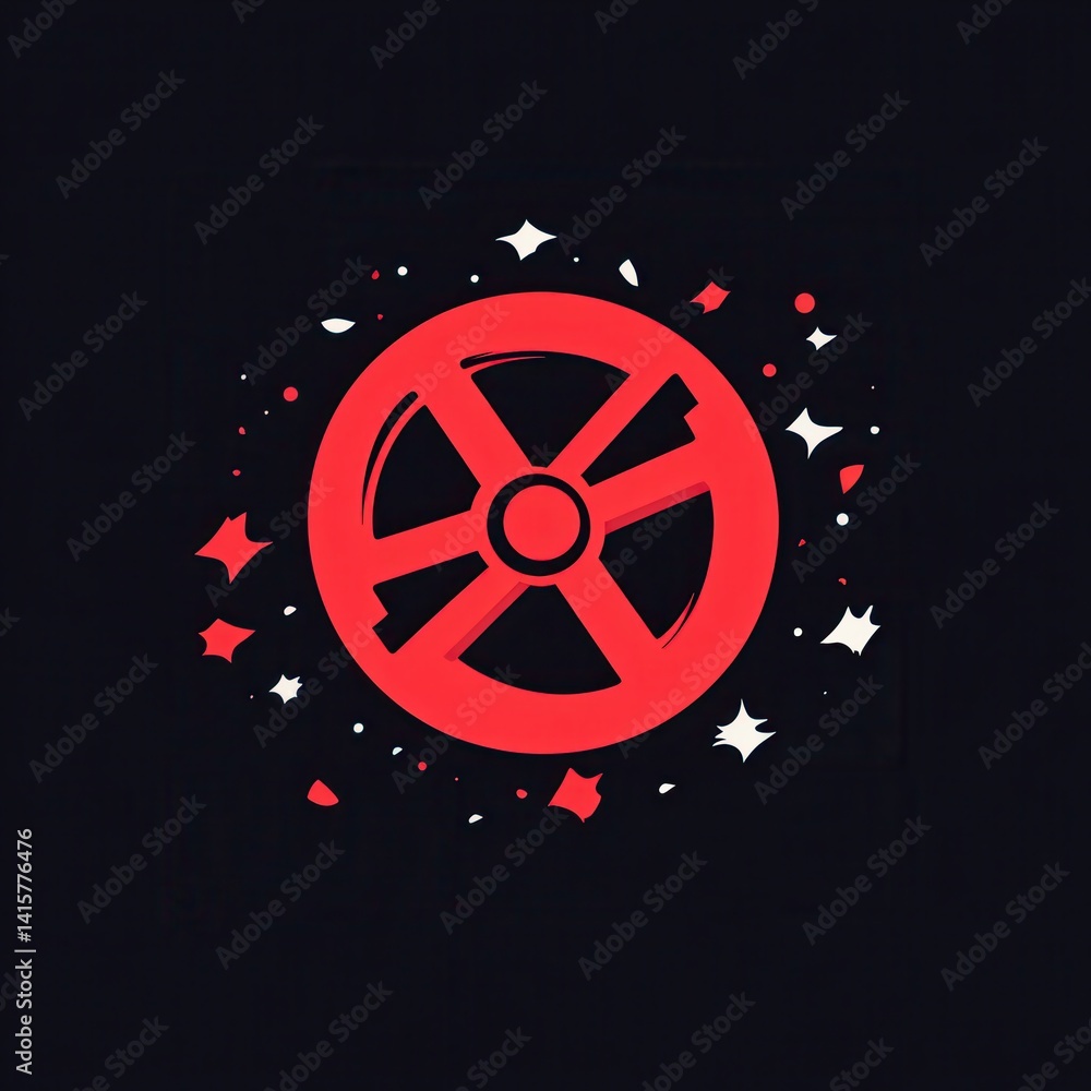 Poster creative abstract logo design featuring a unique wheel shape and vibrant red accents with a dark bac