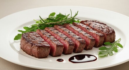 Sliced steak on a white plate with green garnish and dark sauce.
