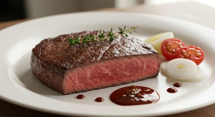 Steak on a white plate with tomatoes and herbs near a window.