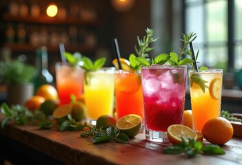Fototapeta premium vibrant cocktail ingredients assorted glassware fresh citrus herbs wood bar top, drink, fruit, bitters, shaker, elixir, mint, lemon, orange, berry