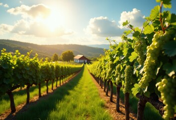 Naklejka premium picturesque vineyard rows golden sunlight grapevines lush green fields rural landscape scenic beauty, crops, farm, nature, horizon, harvest, agriculture
