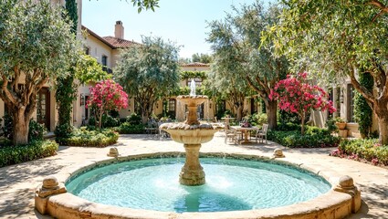 Explore a Mediterranean oasis with a stunning fountain surrounded by lush olive trees and vibrant bougainvillea blooms