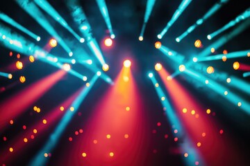 Fototapeta premium Vibrant stage lighting with blue and red beams creating a dynamic and energetic atmosphere.