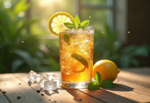 refreshing beverage floating above wooden table clear glass drink colorful bubbles ice cubes lemon slice mint leaves bright light, sparkling, surface