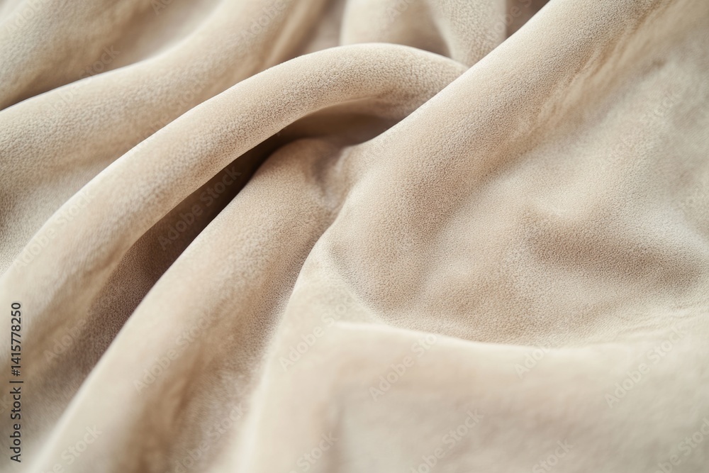 Poster close-up of beige fabric texture showing soft, smooth folds and subtle variations in tone.
