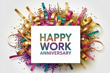 festive flat lay of colorful streamers, confetti, and card saying Happy Work Anniversary, cheerful decoration for business holiday greeting invitation card gift with ornament art