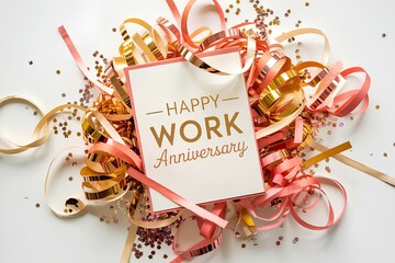 festive flat lay of colorful streamers, confetti, and card saying Happy Work Anniversary, cheerful decoration for business holiday greeting invitation card gift with ornament art with text