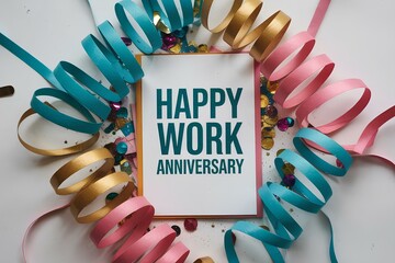 festive flat lay of colorful streamers, confetti, and card saying Happy Work Anniversary, cheerful decoration for business holiday greeting invitation card gift with ornament art with text and ribbon