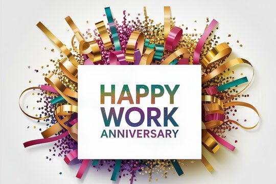 festive flat lay of colorful streamers, confetti, and card saying Happy Work Anniversary, cheerful decoration for business holiday greeting invitation card gift with ornament art