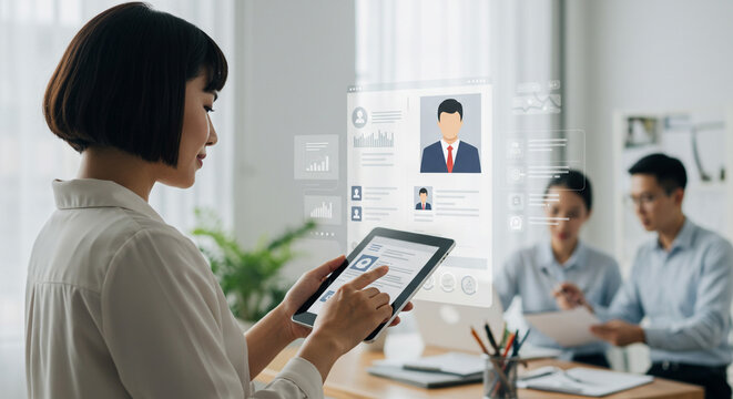 Woman reviewing digital resume profiles modern tech HR recruiting process sleek tablet interface