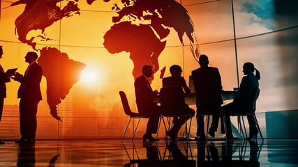 Diverse team engaging in global discussion with backdrop of sunset and world map, globe and arrows over diverse colleagues discussing work in office - Powered by Adobe