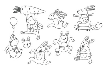 Funny cartoon bunny character in doodle style, whimsical rabbit outline