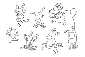 Funny cartoon bunny character in doodle style, whimsical rabbit outline