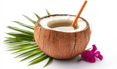 Coconut water drink, tropical leaves, orchid, white background; healthy refreshment