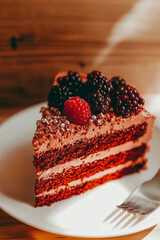 Slice of Chocolate Layer Cake with Berries and Cocoa Cream