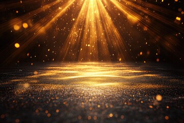 Golden light rays illuminate a glittering, dark surface, creating a magical, festive atmosphere.