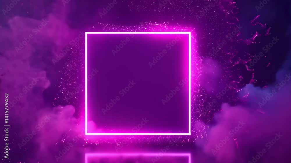 Poster Colorful abstract particles surround a glowing square frame in a mystical atmosphere, 4K abstract particles with copy or logo square frame CGI