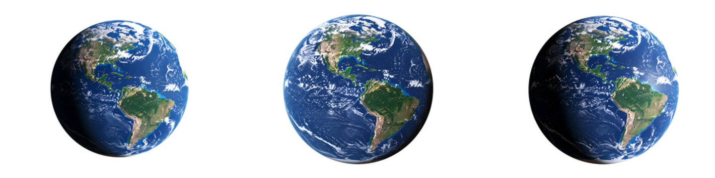 Three views of planet earth showing north and south america on Transparent Background