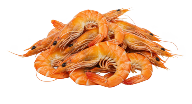 A pile of cooked orange shrimp with tails and antennae on a black background close up view food