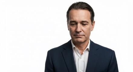 Contemplative businessman in a navy suit, looking downwards.