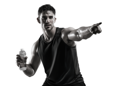 Sportlicher Mann mit Wasserflasche zeigt nach vorne PNG mit transparentem Hintergrund

