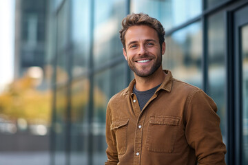 Obraz premium Man smiling outdoors on a sunny day.