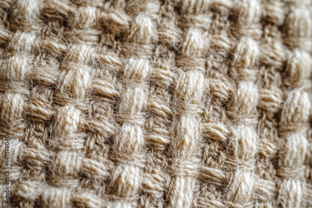 Poster close-up of a beige knitted fabric with a textured weave pattern, showcasing its soft and fluffy fib