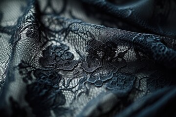 Close-up of dark, intricately patterned lace fabric with floral motifs, showcasing its texture and detail.