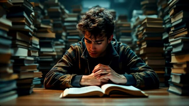 Focused student in dim library surrounded by towering books, flipping pages with intensity, deep study atmosphere

