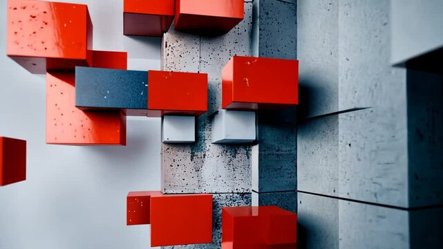 Abstract composition of red and gray cubes on a textured wall, creating a modern artistic effect