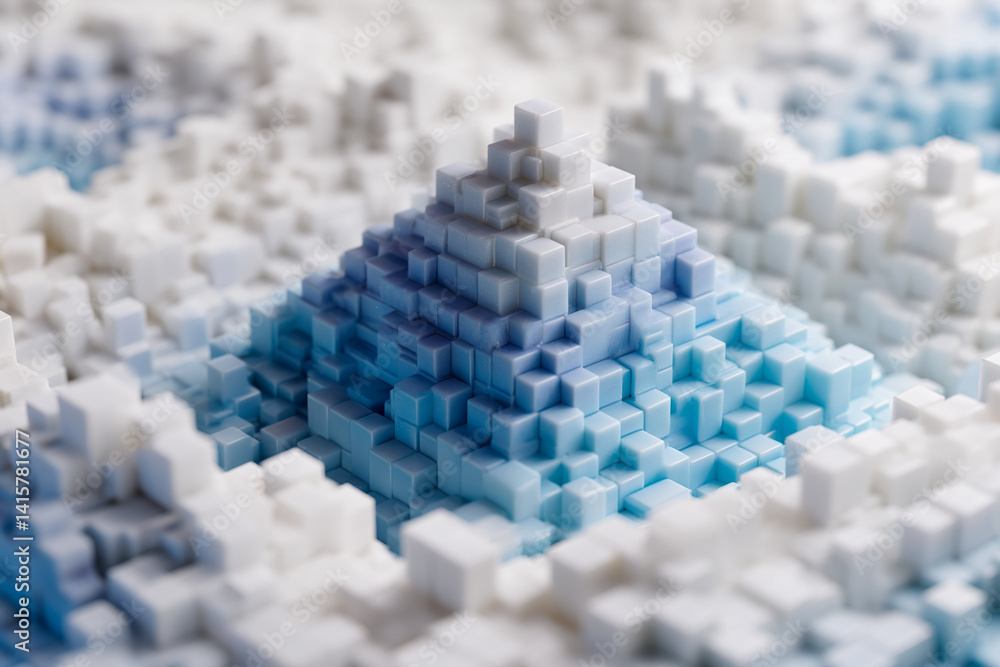 Poster abstract image of a pyramid structure formed by small, light blue and white cubes, creating a gradie