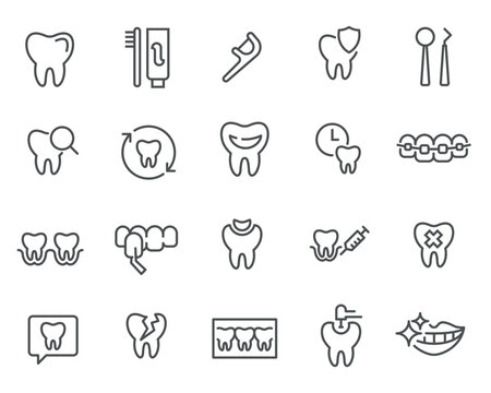 Editable Linear Style Dentistry Icons Vector Set This set features vector icons for teeth, dental procedures, X-rays, implants, and much more. All icons are editable and ready to use
