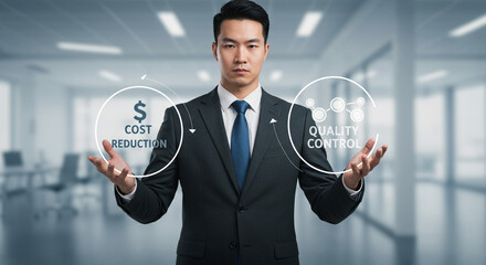 Businessman presenting cost reduction and quality control strategies in modern office setting with