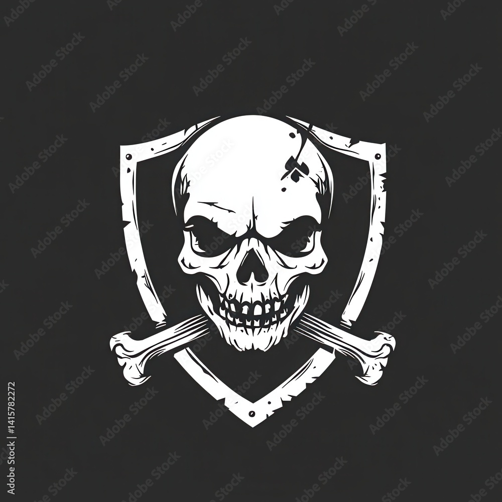 Poster innovative abstract logo featuring a skull and shield design with decorative elements, ideal for bra