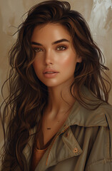 Portrait of woman with long wavy hair in warm light