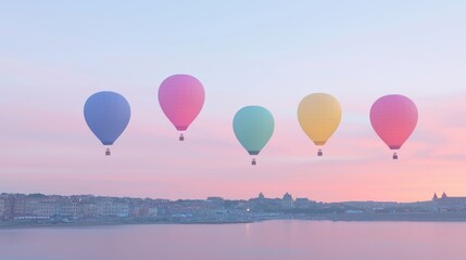 Obraz premium Colorful hot air balloons over a calm waterfront city at sunrise