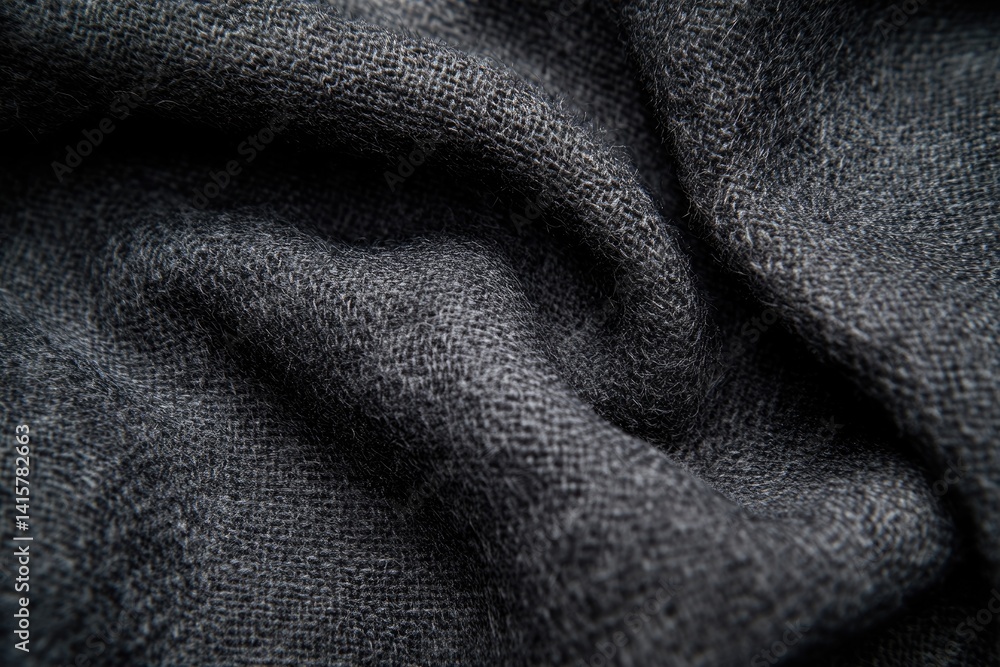 Poster close-up of dark gray textured fabric, showing intricate weave and soft fibers.