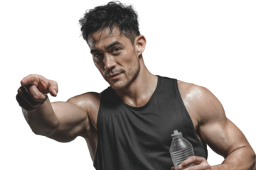 Sportlicher Mann mit Wasserflasche zeigt nach vorne PNG mit transparentem Hintergrund

