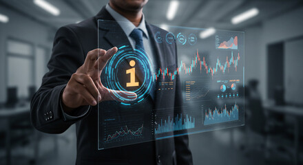Businessman accessing vital data via futuristic transparent interface displaying key financial