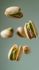 studio-style photo of shelled and unshelled pistachios floating separately in mid-air, natural beige shells and vibrant green nuts, clean soft background