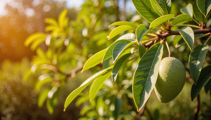 Close-up of mango leaves in tropical orchard at golden hour, nature's beauty